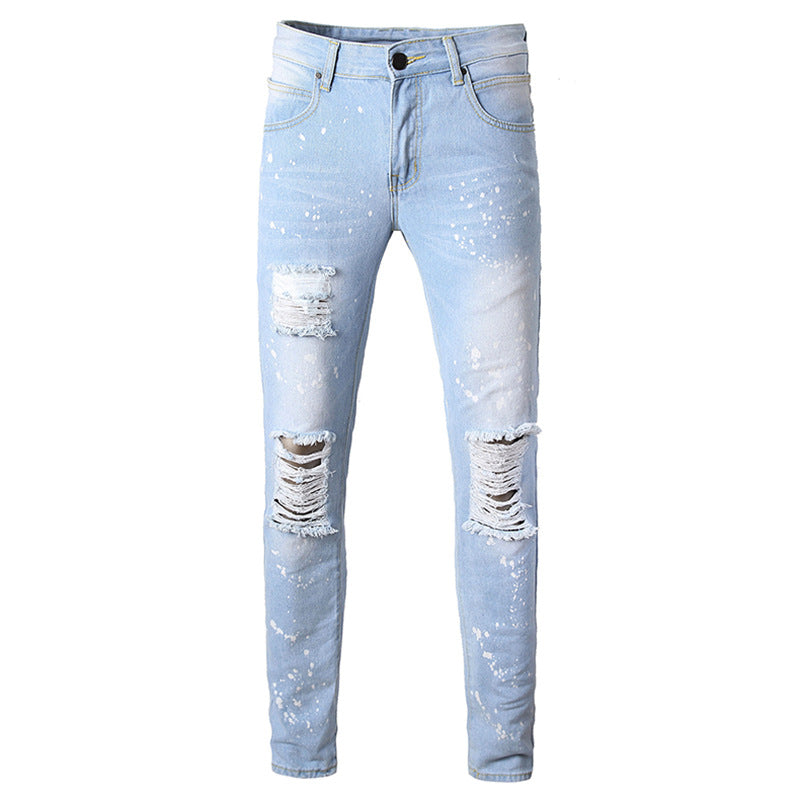 Summer Light Blue Plus Size Washed White Straight Ripped Jeans